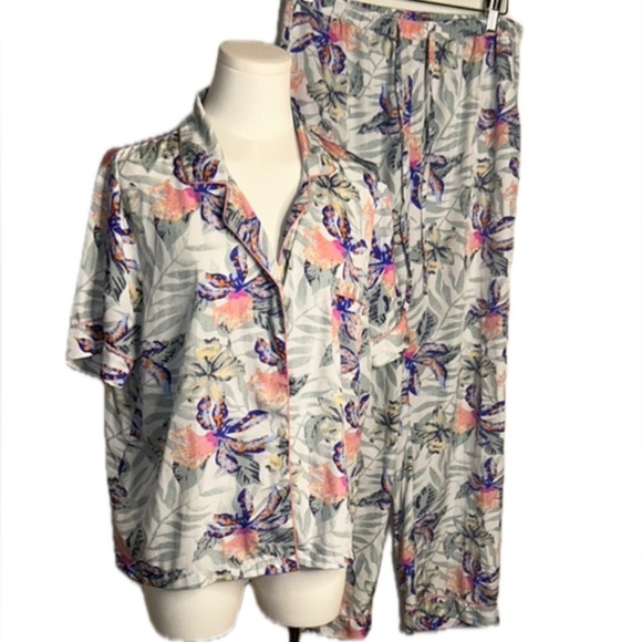 Isaac Mizrahi Sleepwear 2pc Tropical Floral Short Sleeve Pajamas Pj’s Set Sz L - Picture 1 of 13